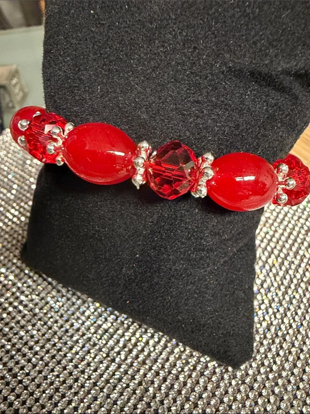 Red Crystal and Bead Stretch Bracelet -